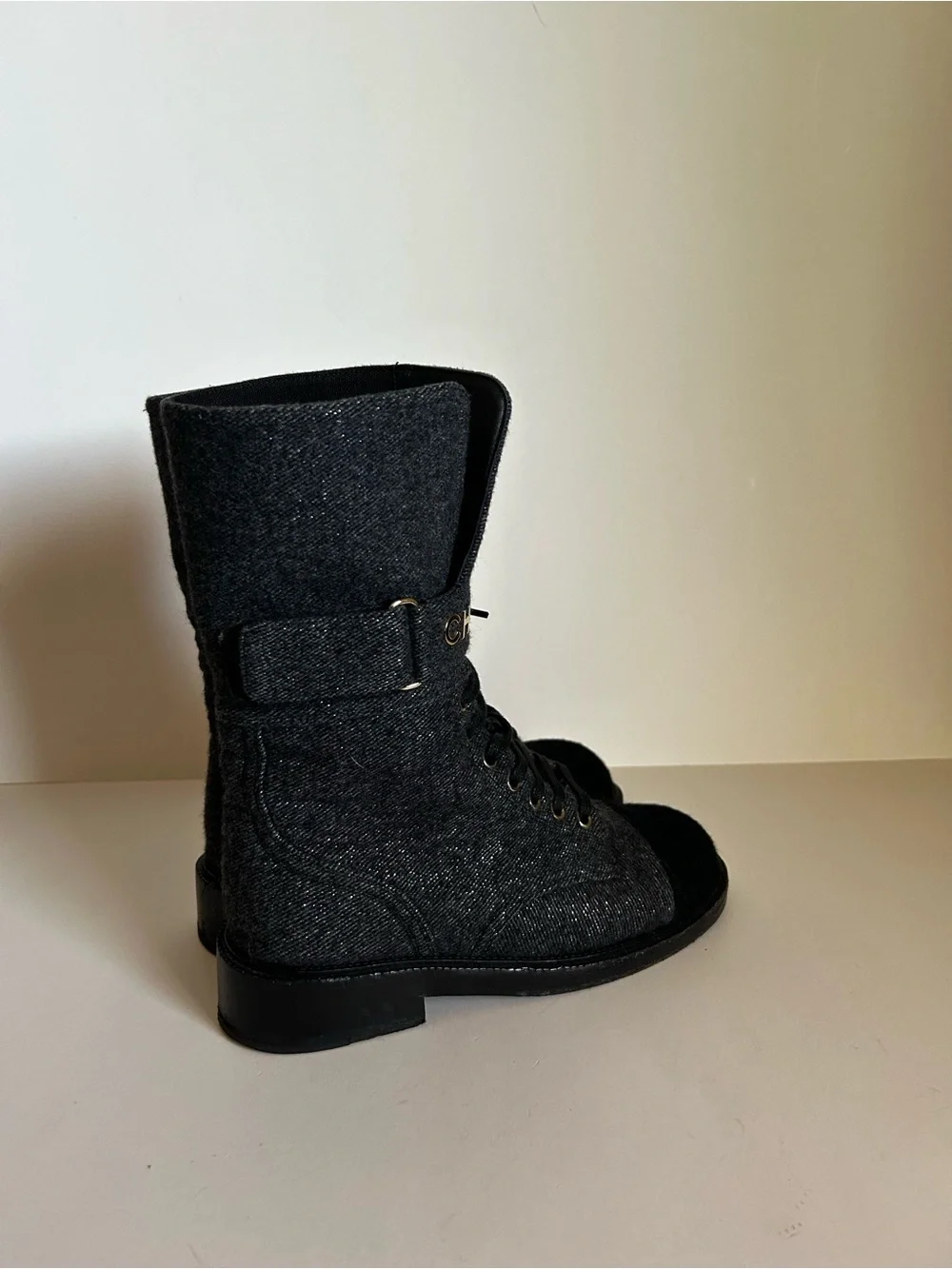 CHANEL Black Tweed Open-Toe Lace-Up Ankle Boots with Gold Logo Strap